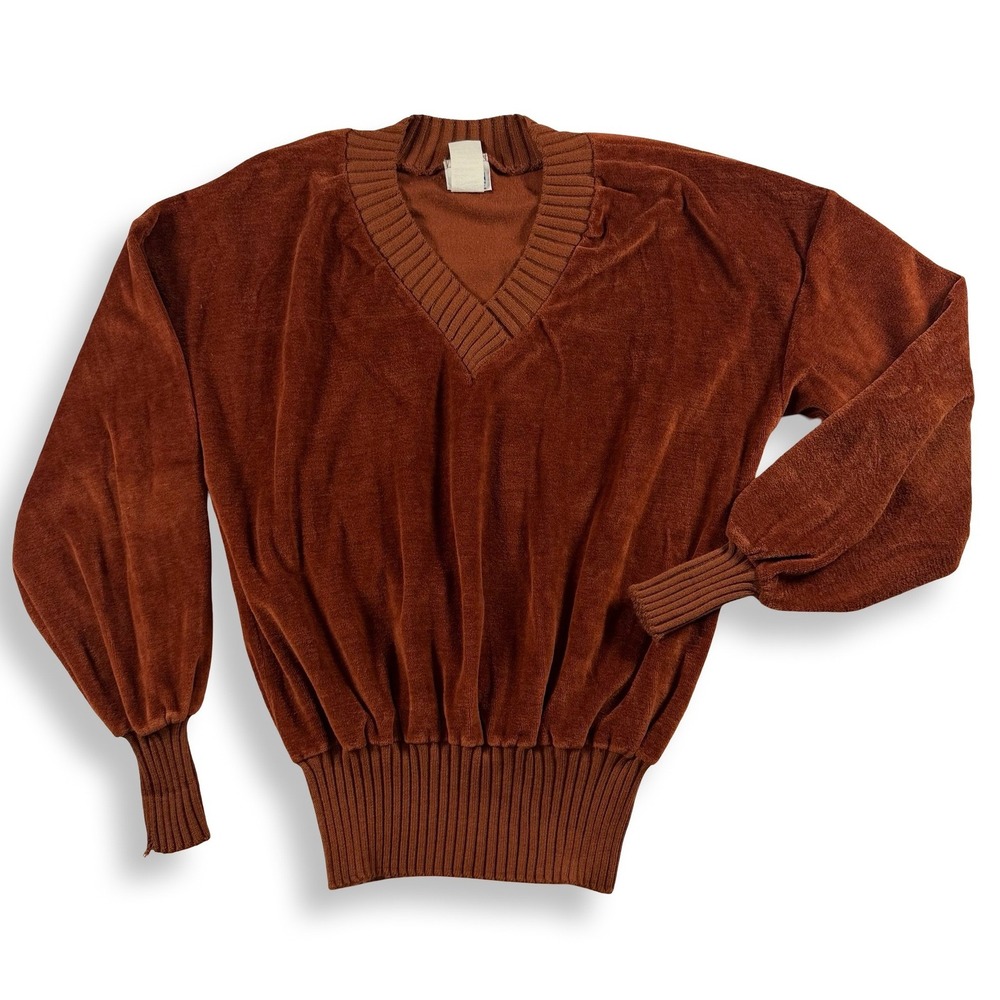Vintage Fashion Tree Rust Brown Velour V-Neck Balloon Sleeve Sweater Large 4549